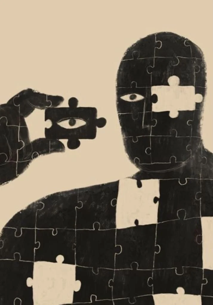 A puzzle-piece figure holding up a loose piece containing an eye.