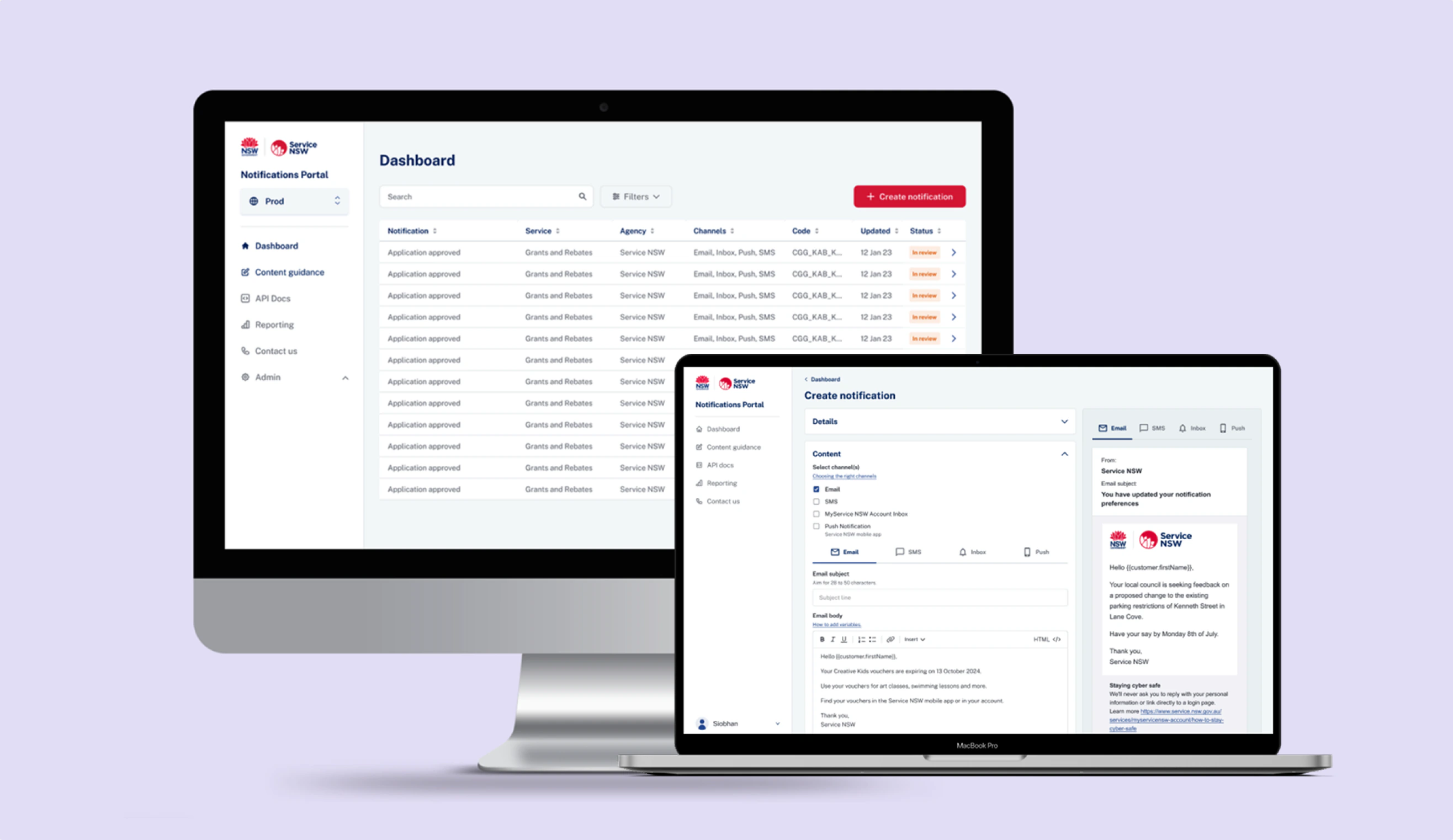 The final Service NSW notification dashboard across desktop devices.