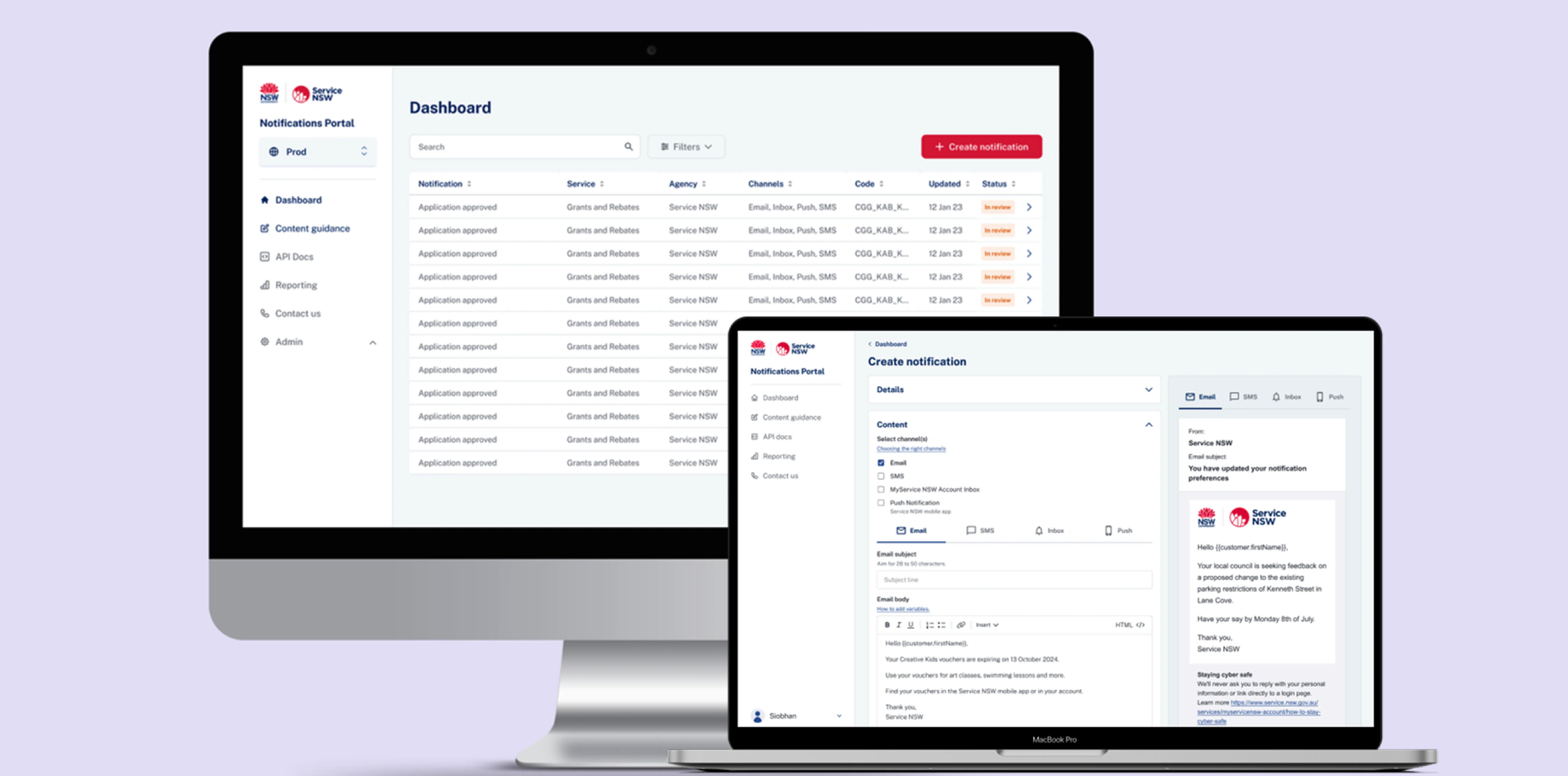 The Service NSW notification platform on desktop and laptop screens.