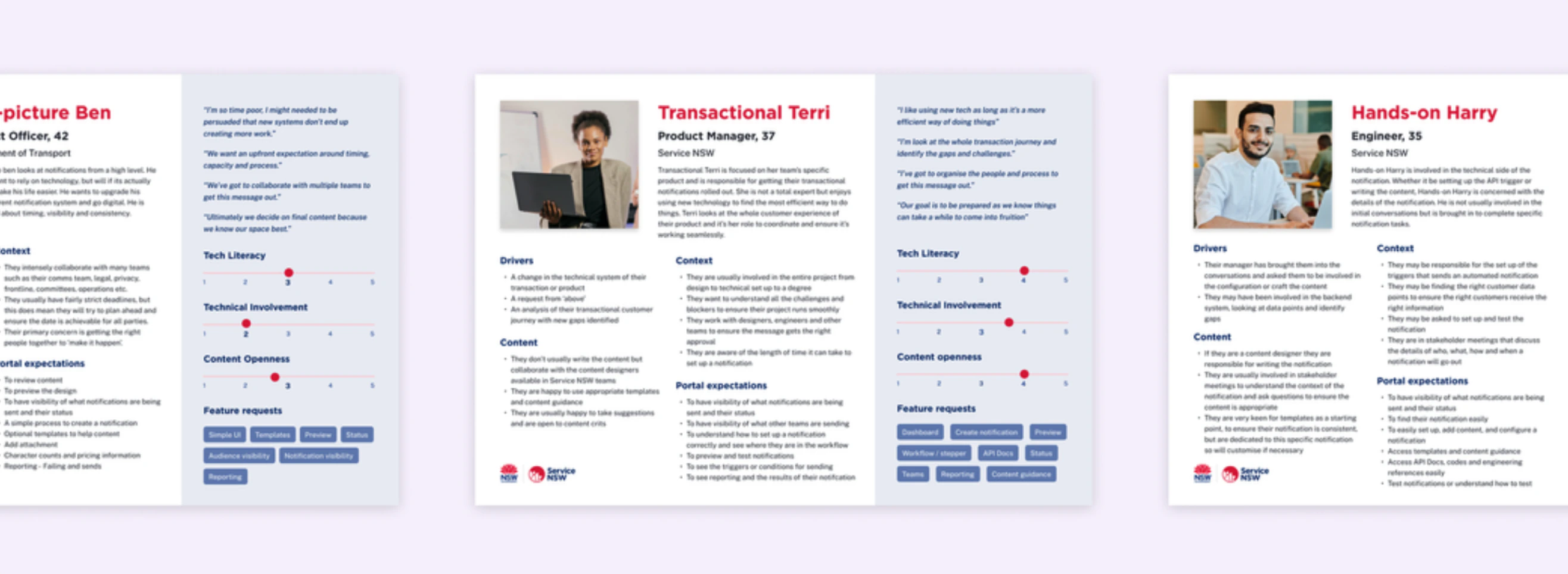 Service NSW research personas and annotated notification examples.