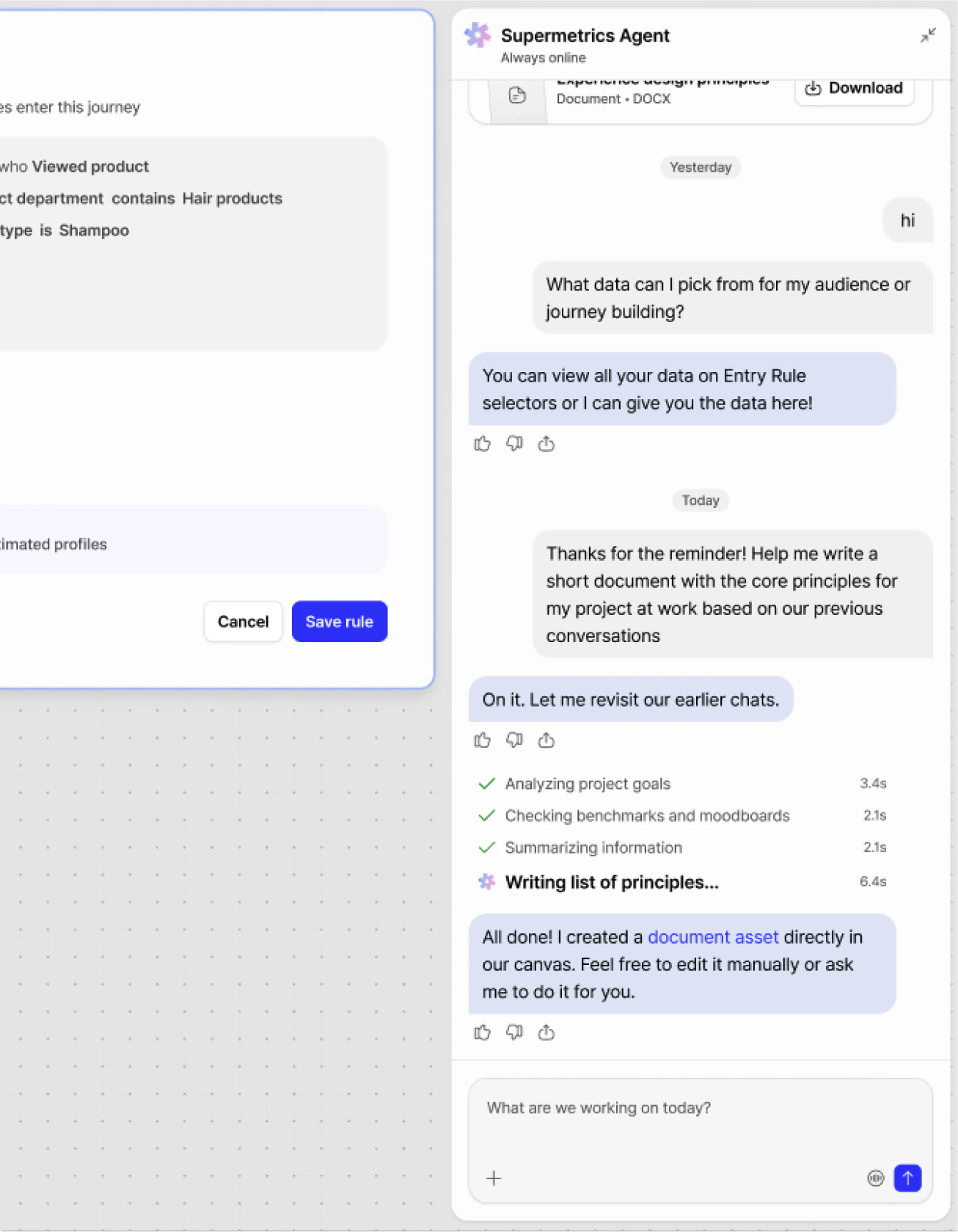 An AI-assisted Supermetrics entry-rule configuration.