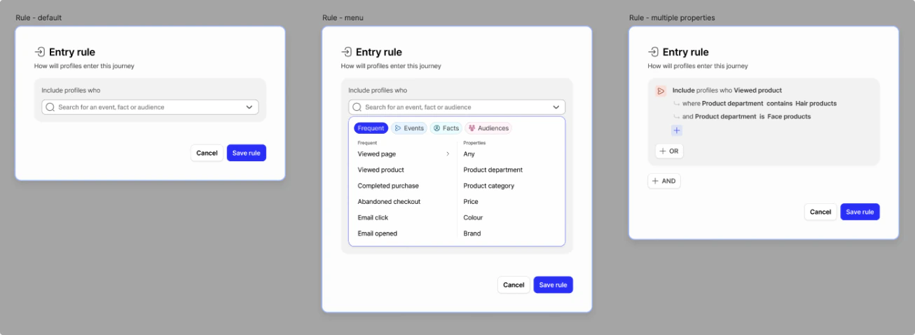 A set of audience entry-rule flow options.