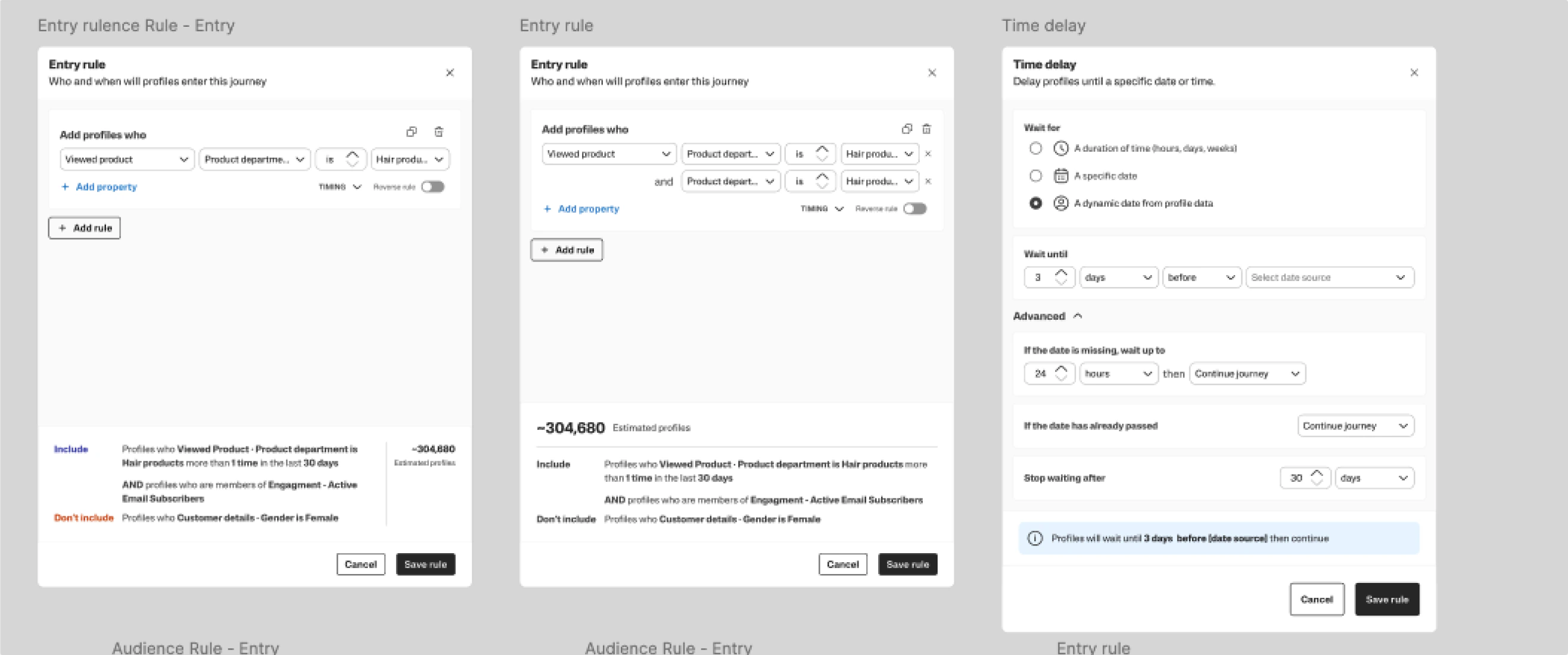 Entry-rule and time-delay dialogs for the redesigned journey.