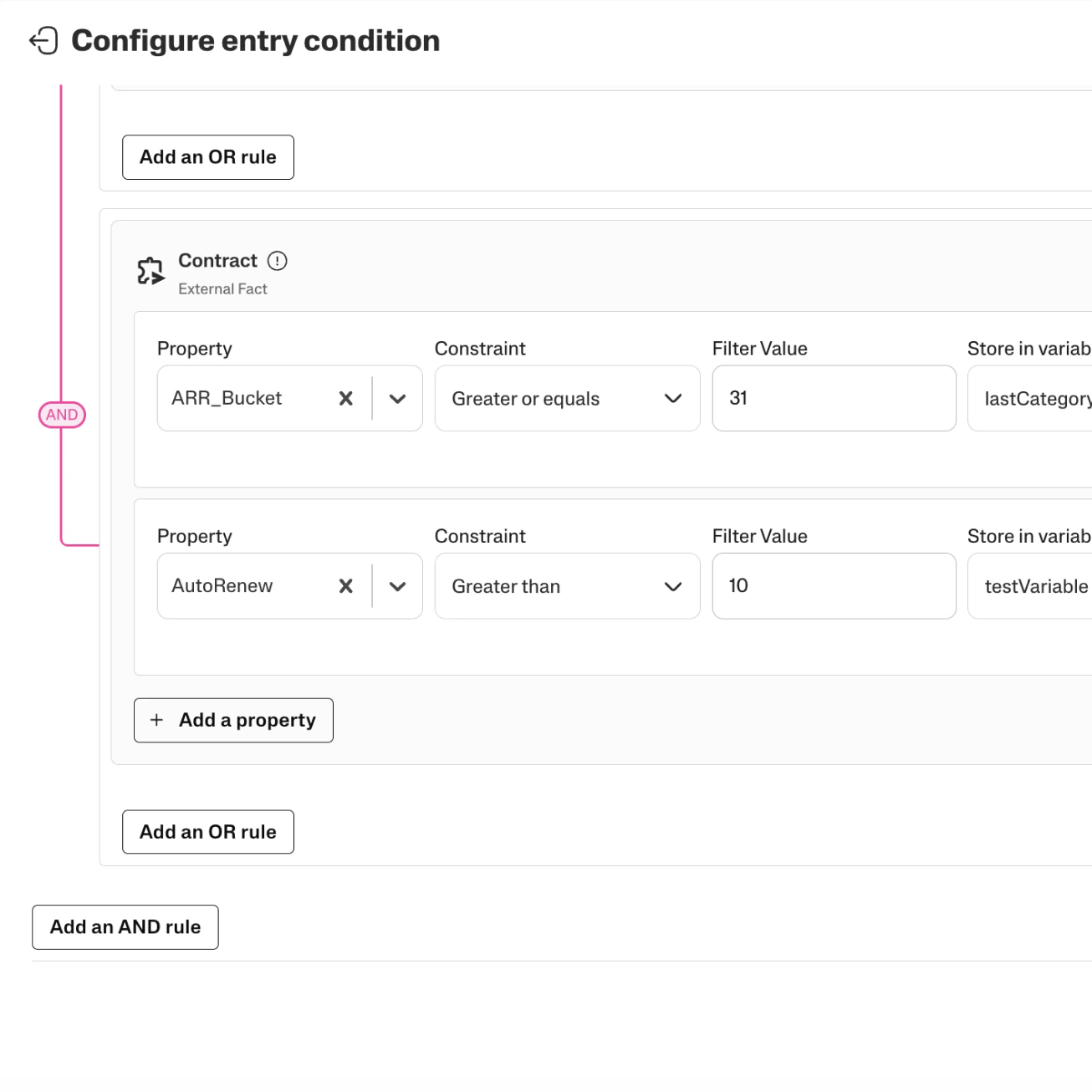 The existing Supermetrics condition builder with contract property rules.