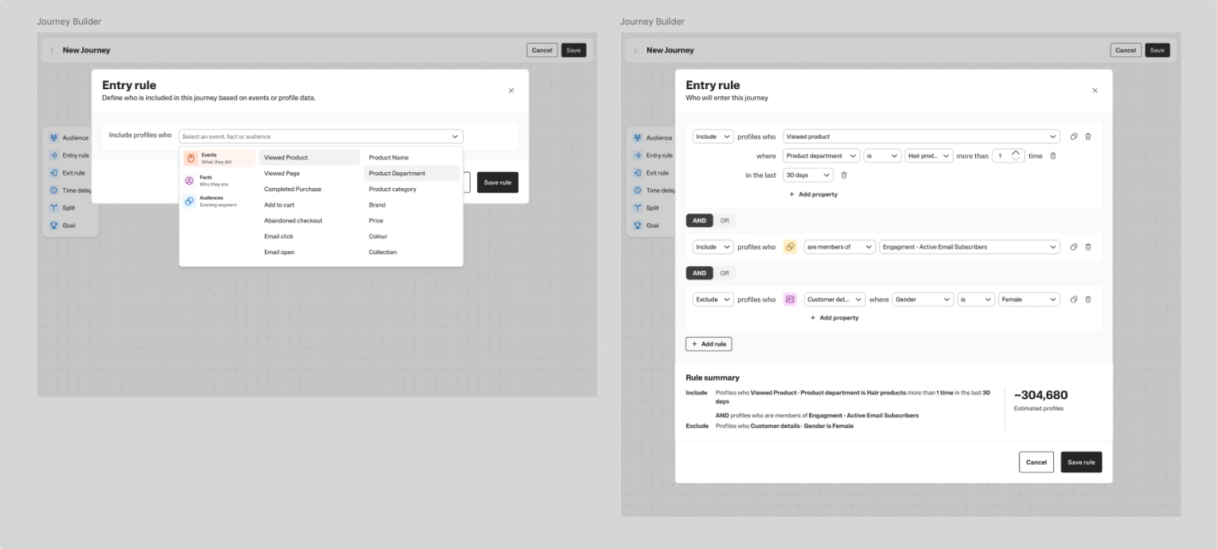 Final redesigned Supermetrics entry-rule dialogs.