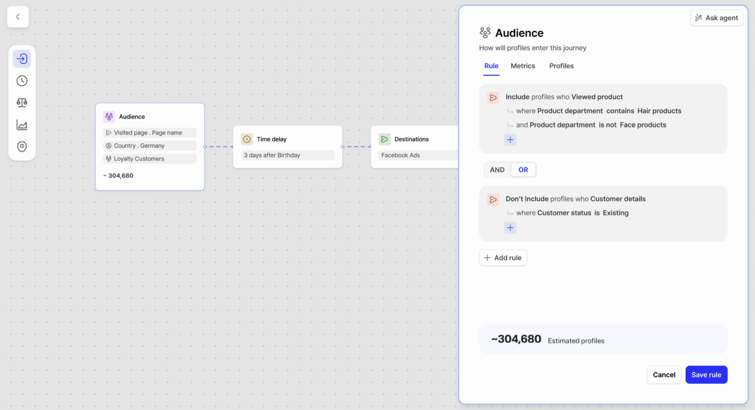 The existing Supermetrics journey builder with its audience rule panel open.